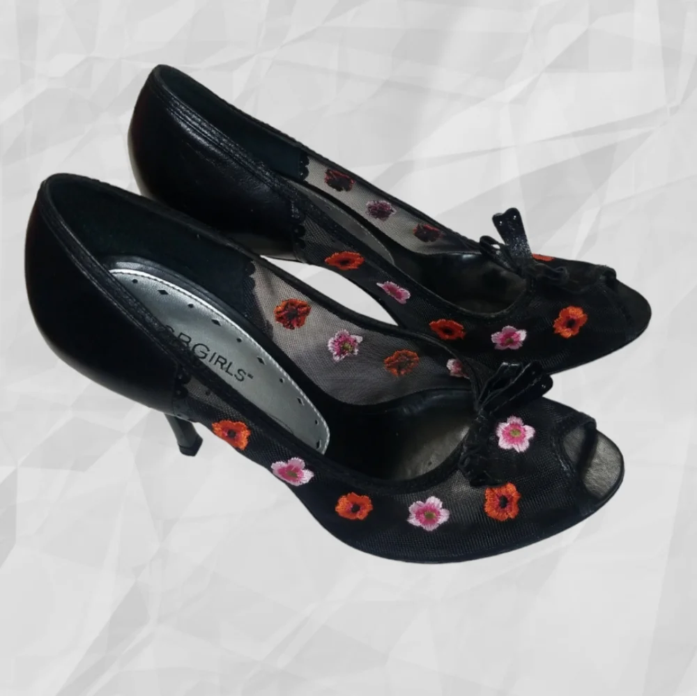 BCBGirls Embroidered Peep Toe Heels 7.5